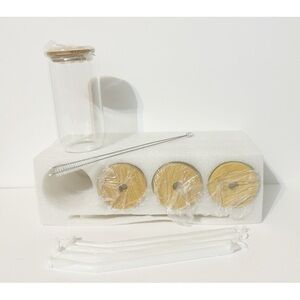 Drinking Glasses with Bamboo Lids and Glass Straw 4pcs Set, 16oz, 2 Brushes, NEW
